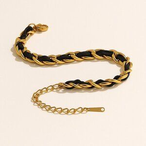 Black Leather & Gold Curb Chain Bracelet NWT